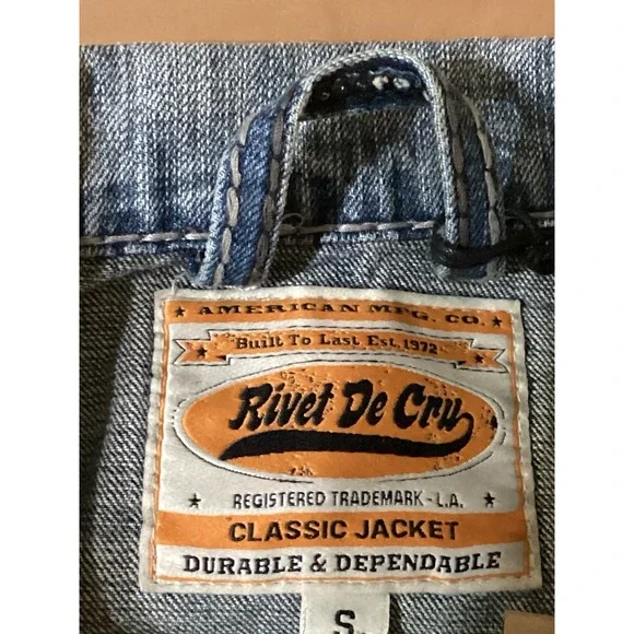 Rivet de Cru Classic Denim Jacket Long Sleeve Button Distressed Men's Small, NWT - Picture 8 of 11